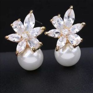 Exquisite Marquise Diamond Flower & Pearl Earrings